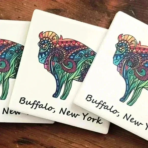 Ceramic Set of 4 Coasters Buffalo, NY with Artist-Drawn Buffalos NEW - Picture 2 of 4